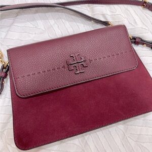 Tory Burch McGraw Leather Crossbody Bag imperial Garnet Color Adjustable